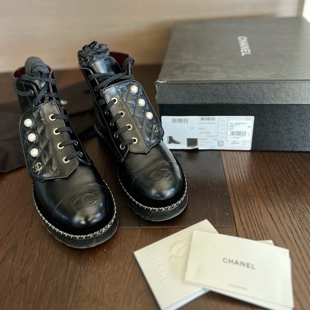 100% Authentic CHANEL calfskin velvet pearl combat boots